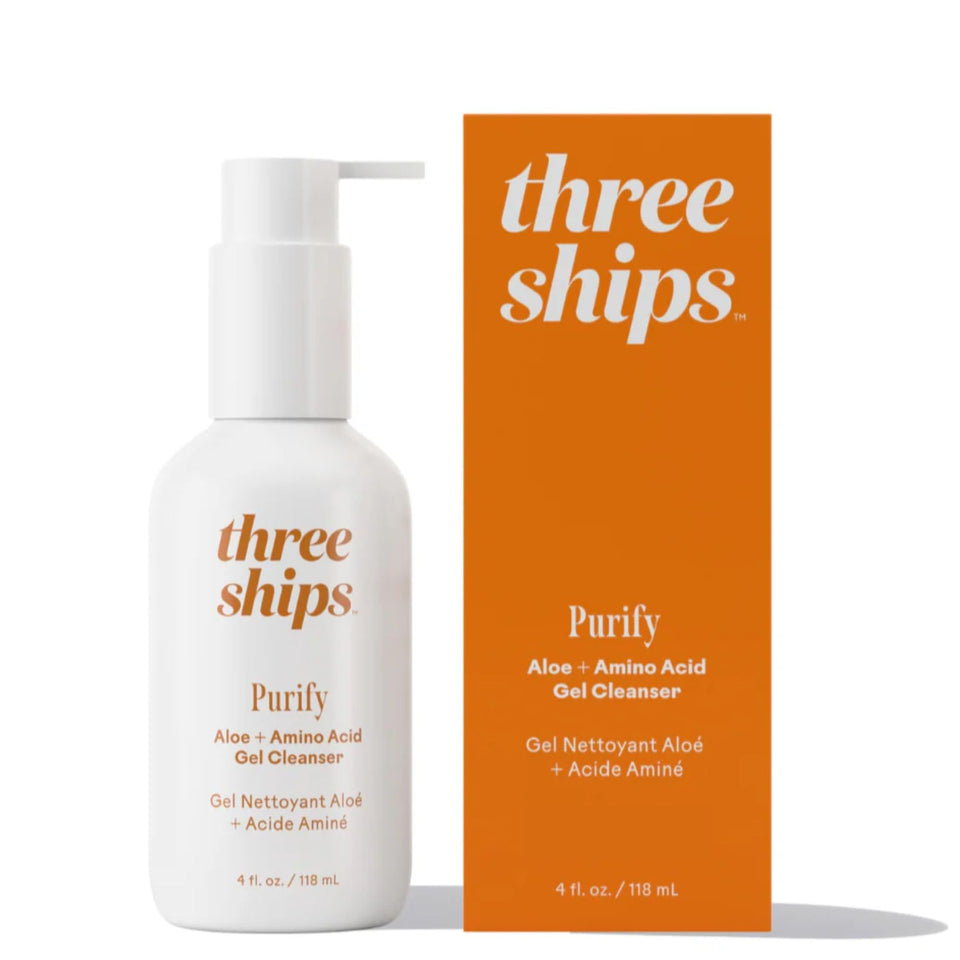Three Ships Purify Aloe cleanser bottle shows a gentle, sulfate-free daily cleanse.