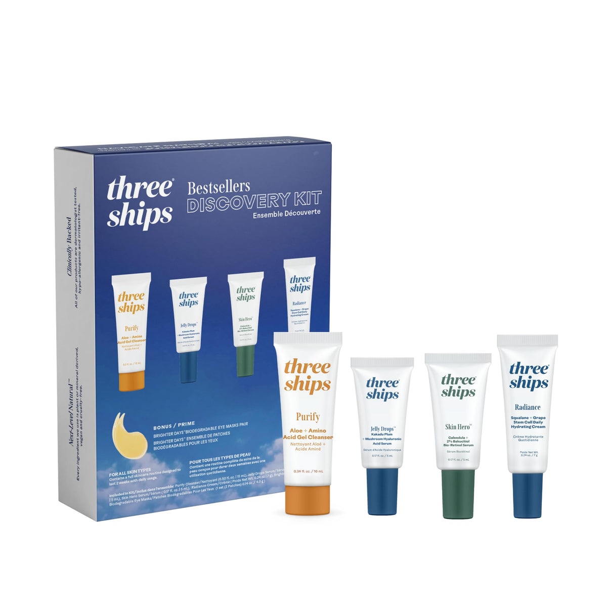 Three Ships Purify Gel Cleanser travel-size for gentle cleansing.