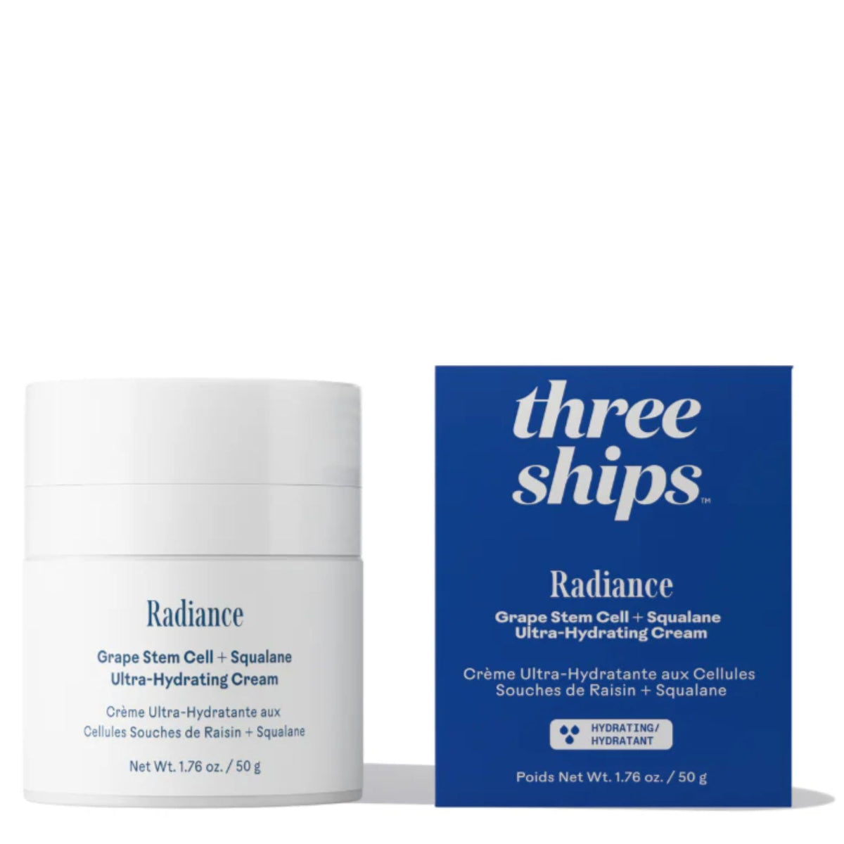 Three Ships Radiance Cream bottle demonstrates quick absorption for daily hydration.
