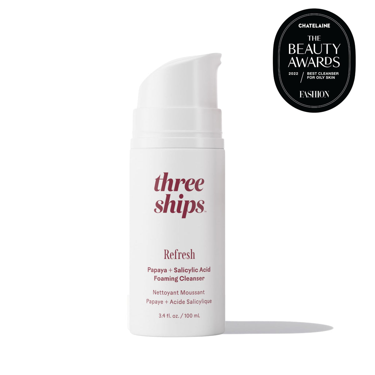 Three Ships Cleanser pump dispenses foaming cleanser for gentle use.