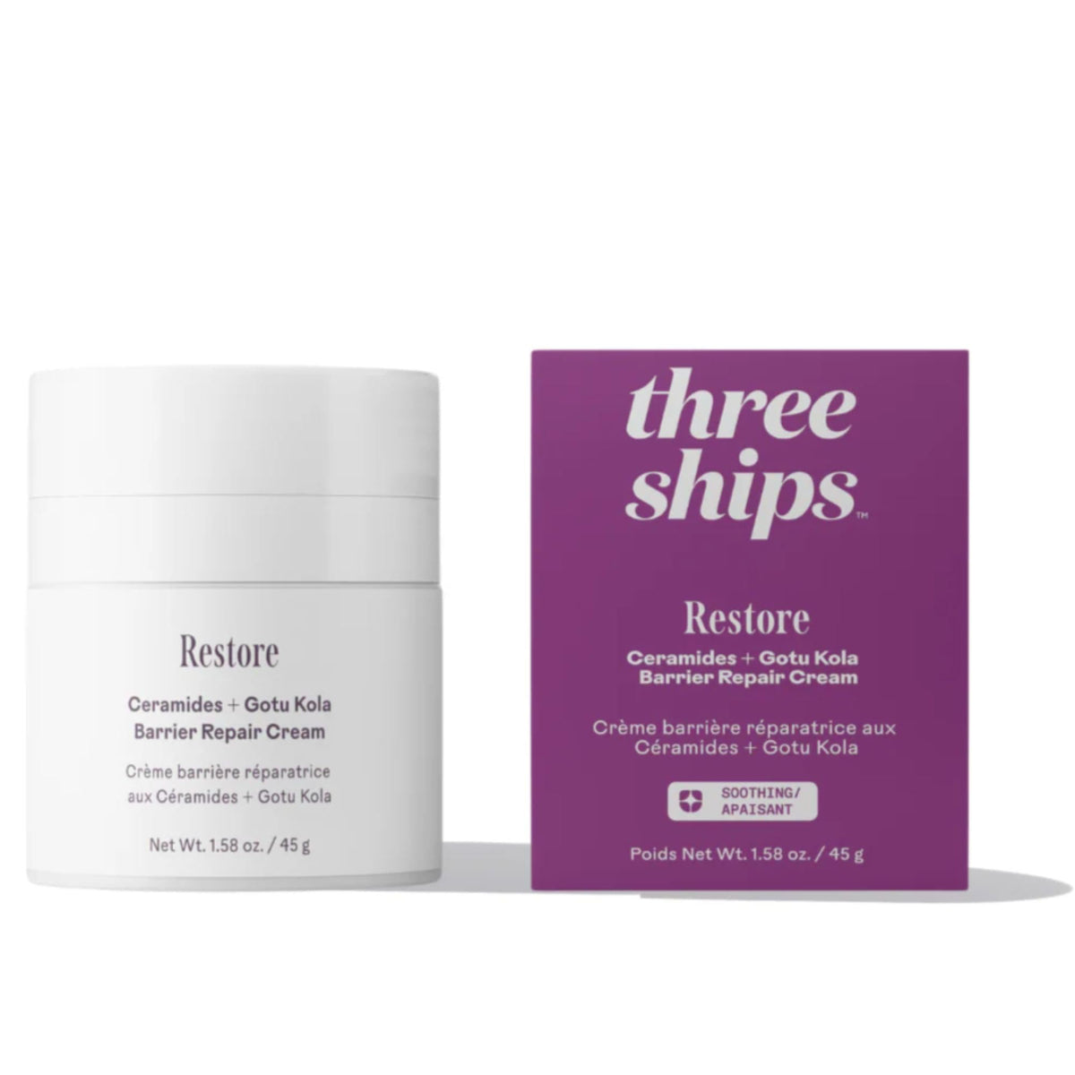 Three Ships Restore ceramides bottle pump shows instant hydration support