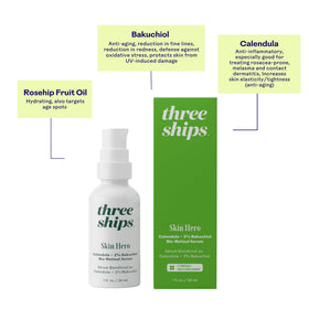 Three Ships SkinHero bakuchiol droplets on skin surface suggest gentle care.