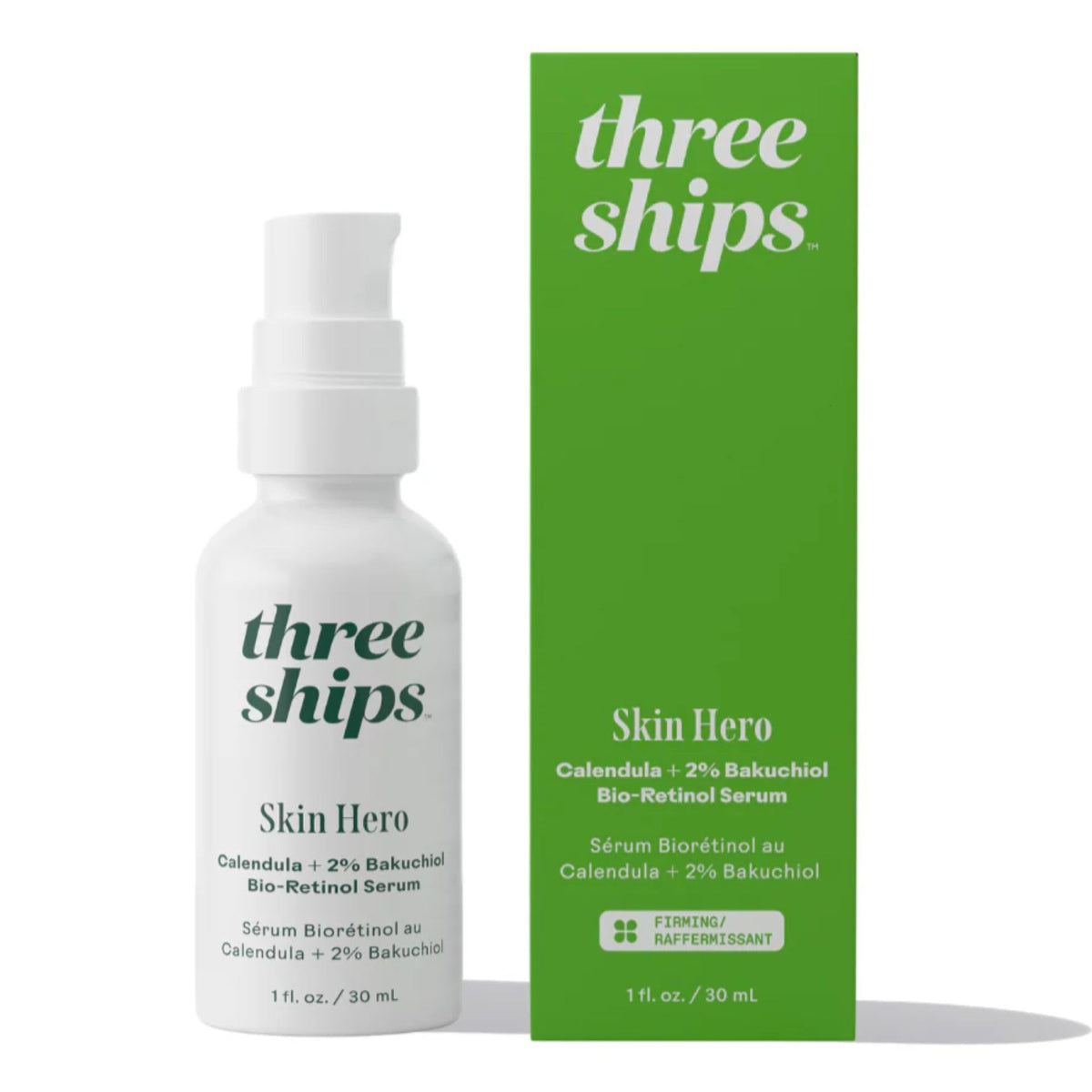Three Ships SkinHero serum bottle on a clean counter, ideal for nightly hydration.