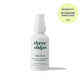 Three Ships SkinHero serum pump in use for easy nightly application.
