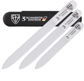 3 Swords Germany glass nail file set in black case, durable and washable for on-the-go manicures.