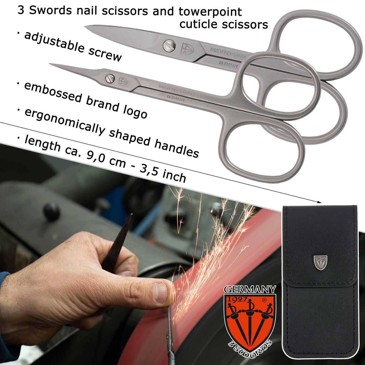 3 Swords Germany Megaset cuticle scissors closeup shows ultra-fine edges.