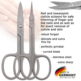 3 Swords Germany Megaset cuticle scissors tower-point design for precise cuticle work.