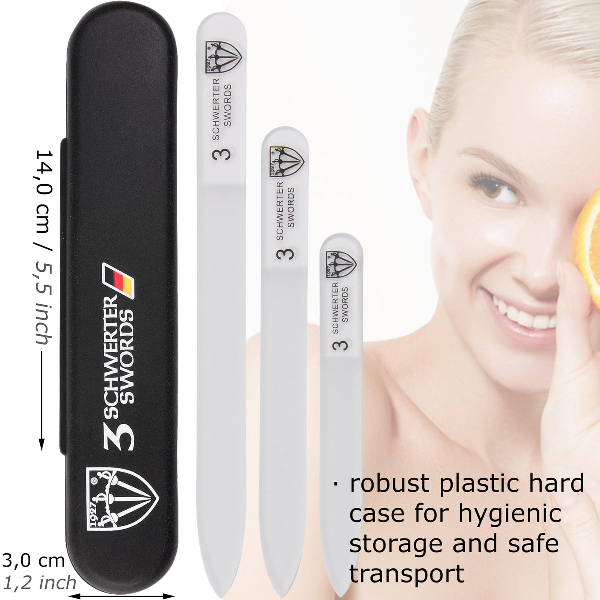 3 Swords Germany glass nail file lengths 3.5, 4.5, and 5.3 inches for varied grooming tasks.