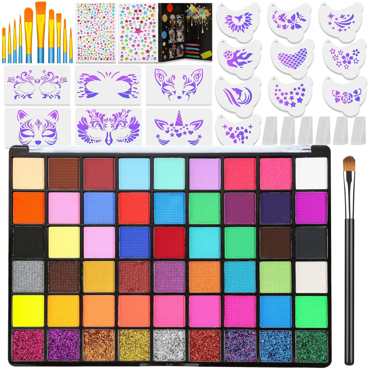 Thrilez professional face painting kit provides 54 colors for vibrant designs