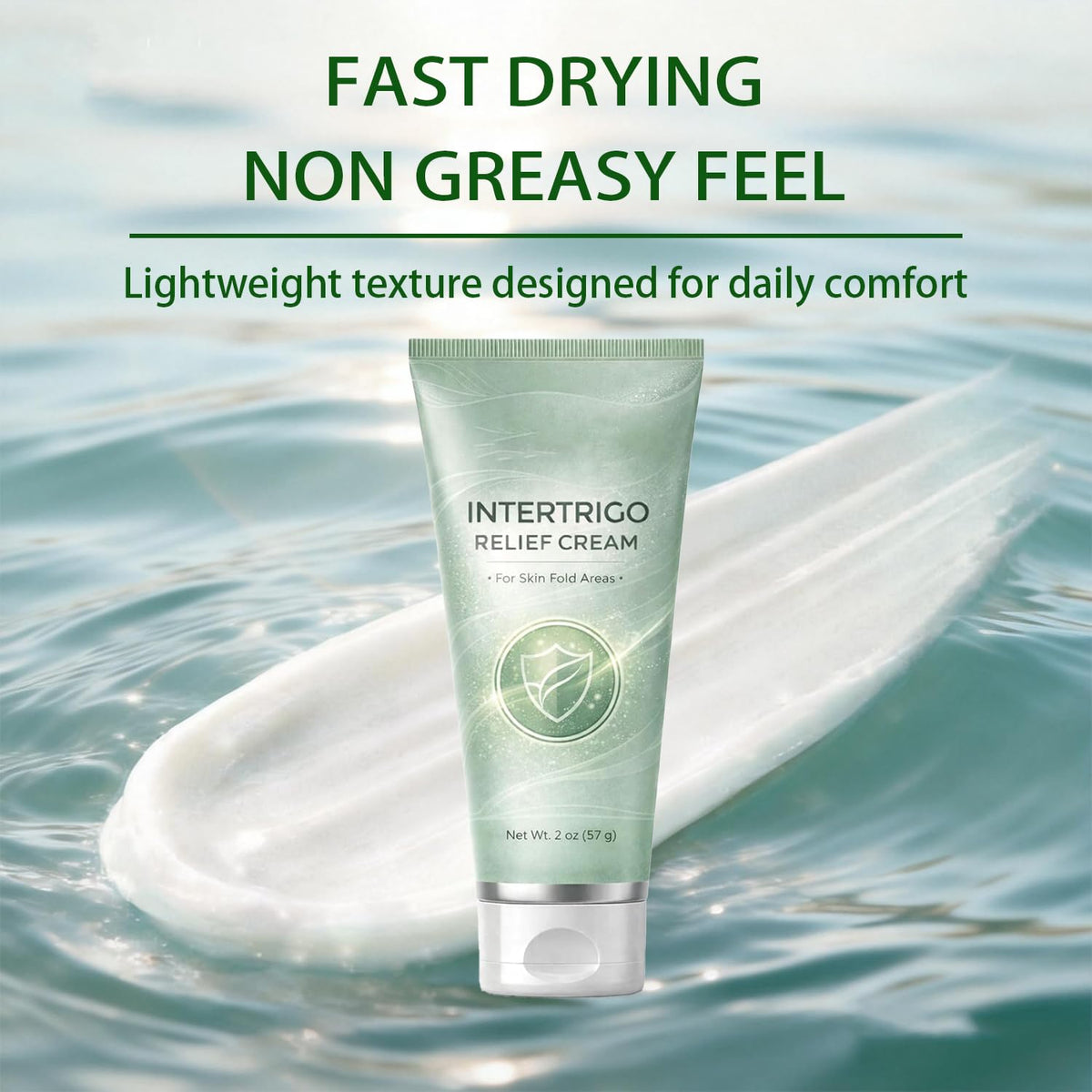 THUIOP Intertrigo Cream application demonstrates easy, fast-drying use on problem areas.