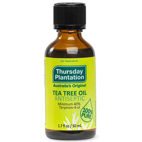 Thursday Plantation Tea Tree Oil bottle showing pure Australian formula for skin care.