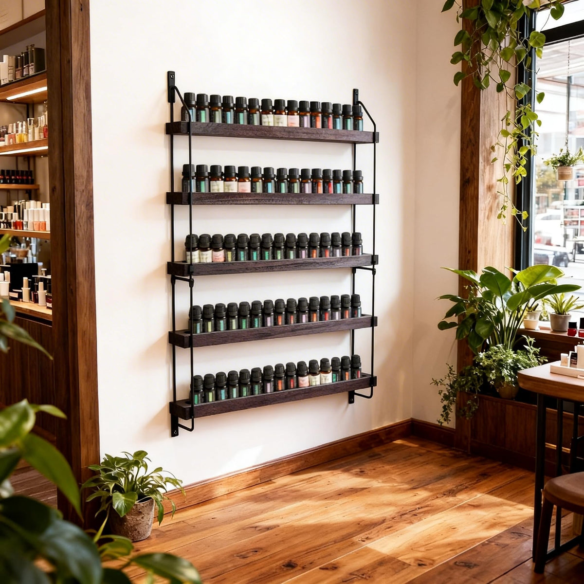 THYGIFTREE wooden essential oil shelf in use displays organized bottles and quick scent access.
