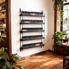 THYGIFTREE wooden essential oil shelf in use displays organized bottles and quick scent access.