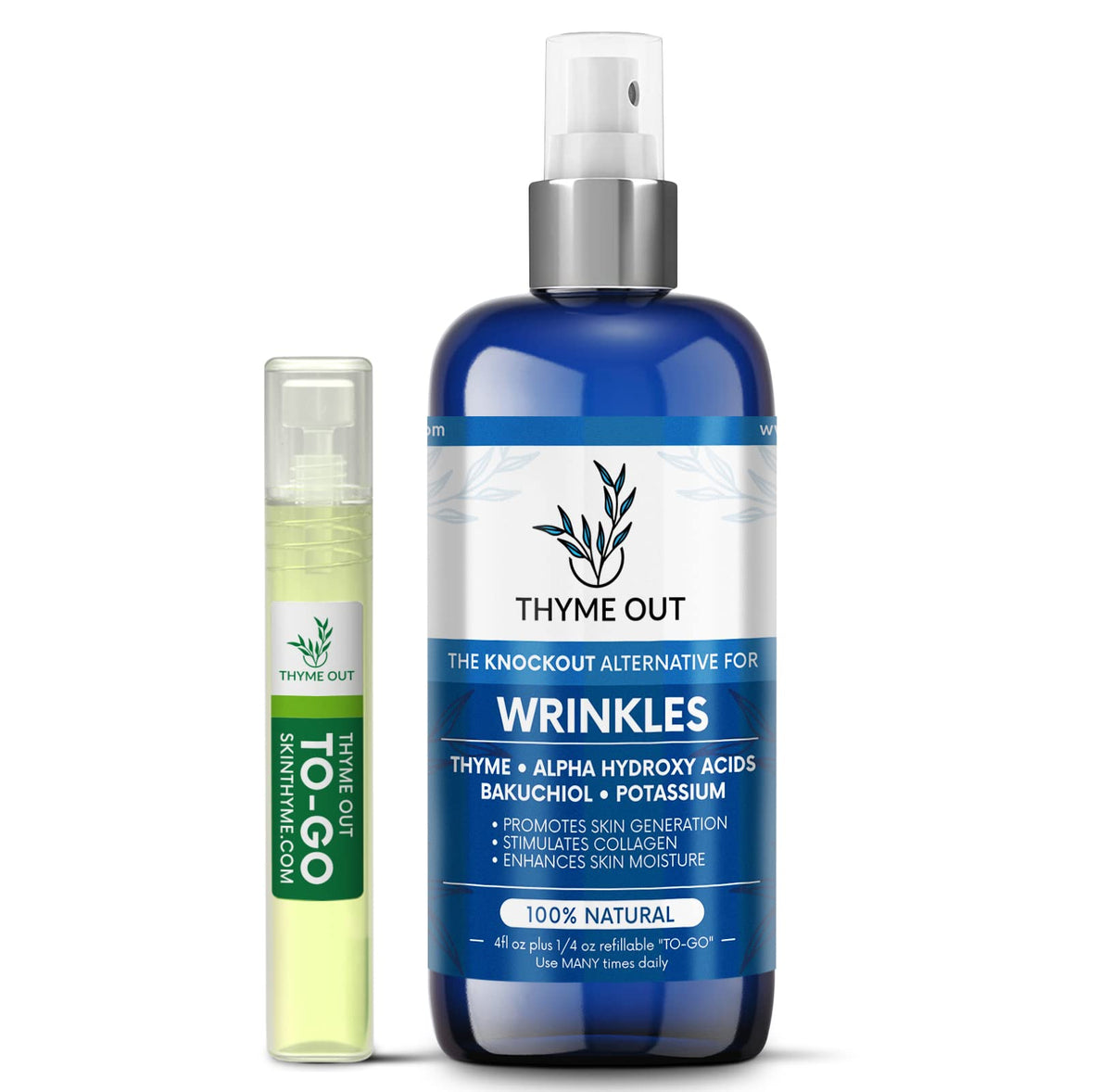Thyme Out all natural anti-wrinkle face mist bottle for refreshing hydration and radiant skin.