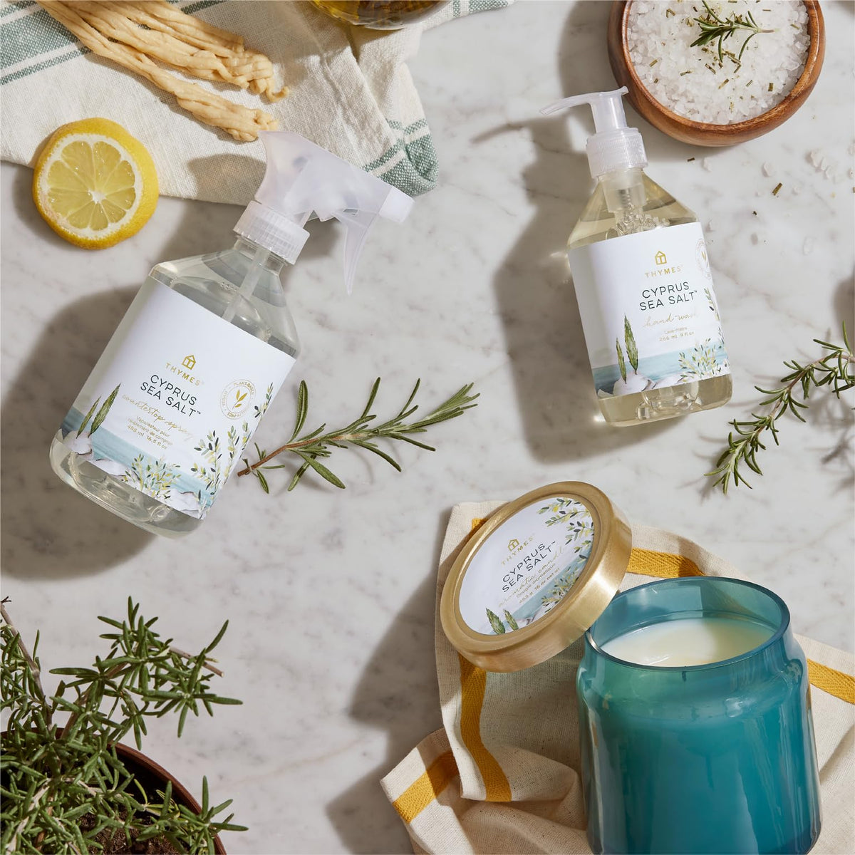 Spa-inspired Thymes hand wash scent with Amalfi lemon and jasmine for a bright bathroom ambience.