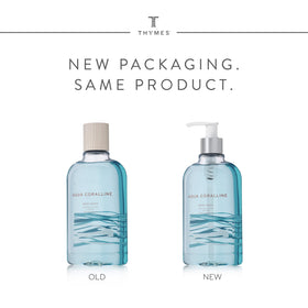 Thymes Aqua Coralline fragrance notes highlight water lily and driftwood for a seaside moment.
