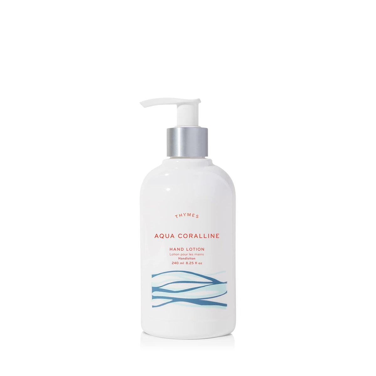 Thymes Aqua Coralline hand lotion in a silver pump bottle, quick-absorbing hydration for dry hands.