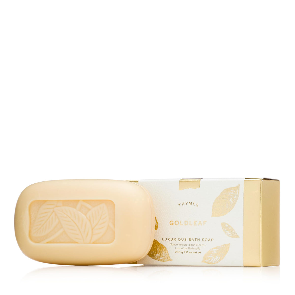 Thymes GoldLeaf bar soap wrapped for a luxurious cleansing ritual.