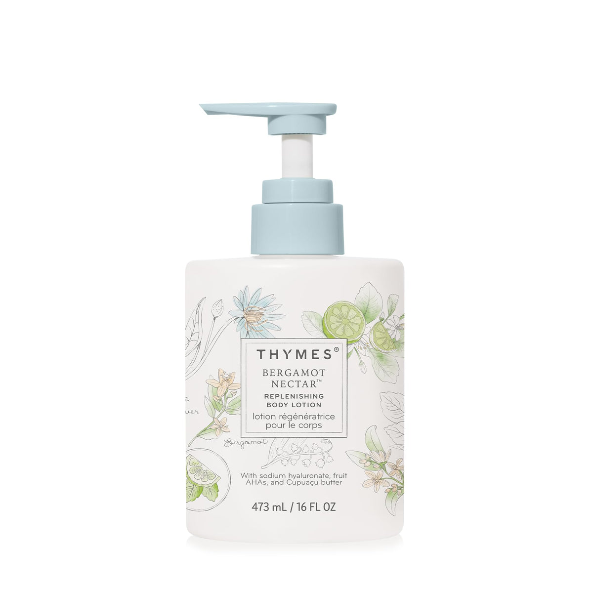 Thymes Bergamot Nectar bottle pump enables easy daily hydration.