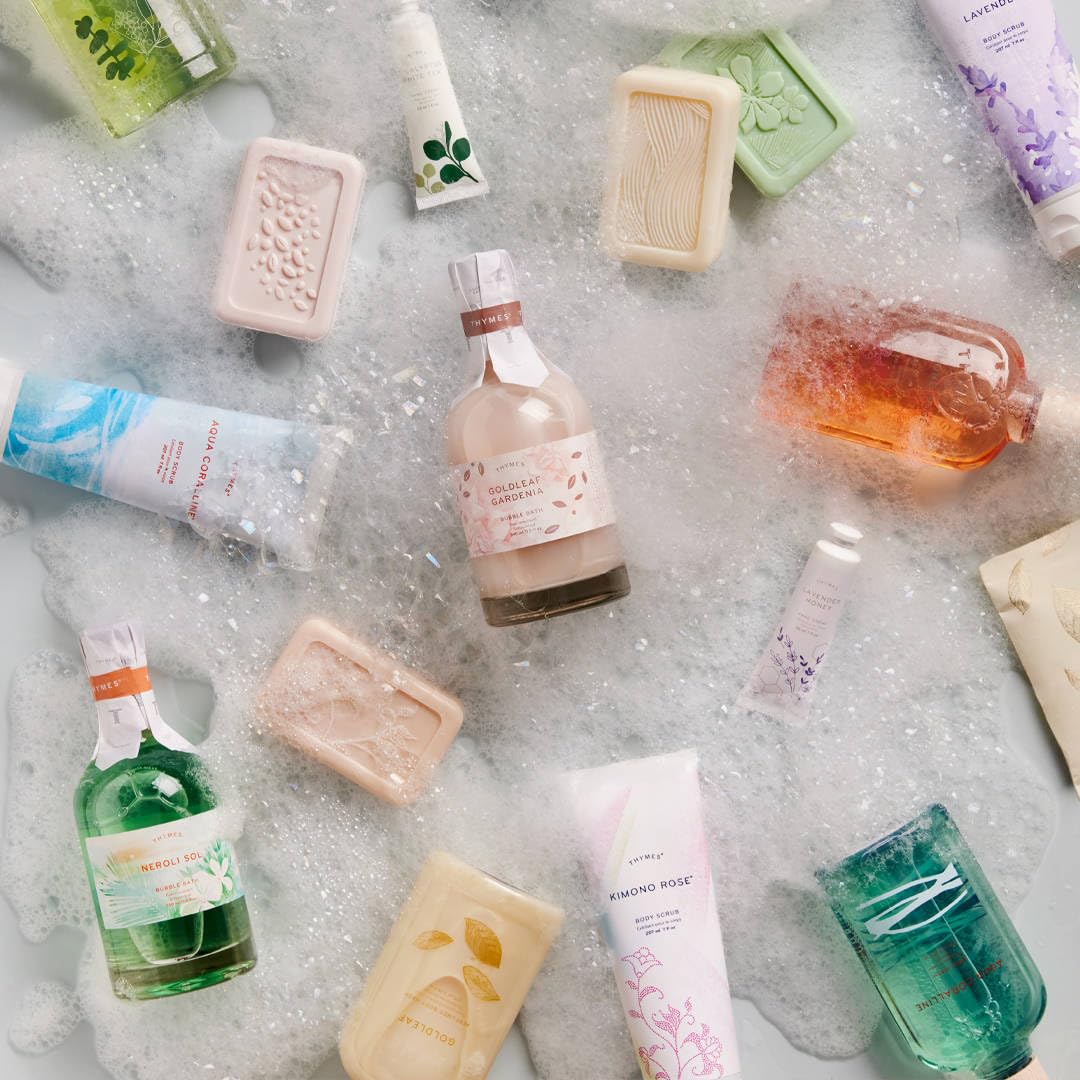 Thymes Bubble Bath packaging art and botanical design adds elegance