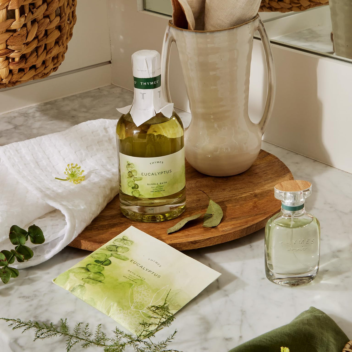 Thymes Bubble Bath Eucalyptus bottle front, premium ingredients for a creamy, skin-softening lather.