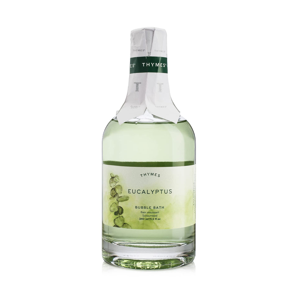 Thymes Bubble Bath Eucalyptus bottle with pour, inviting a soothing, indulgent bath.