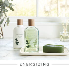 Lifestyle table shot shows Thymes Eucalyptus Cologne adding a fresh daily feel