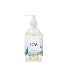 Thymes Cyprus Sea Salt hand wash bottle with pump, delivering a refreshing, easy-to-dispense cleanse.