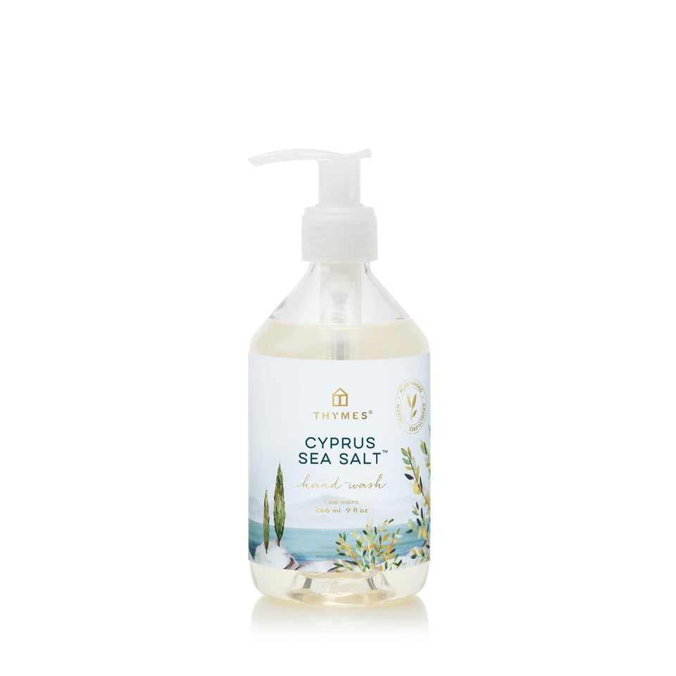 Thymes Cyprus Sea Salt hand wash bottle with pump, delivering a refreshing, easy-to-dispense cleanse.