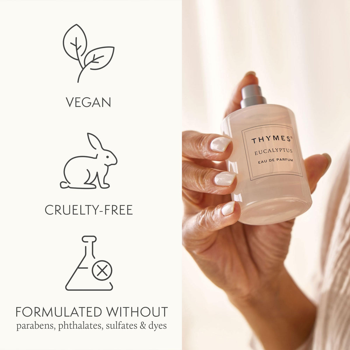 Thymes Eau De Parfum application spray, convenient for on-the-go use.
