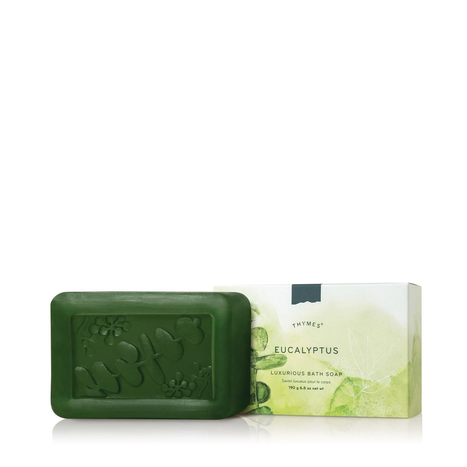 Thymes Eucalyptus Bar Soap packaging shown; premium design suggests a luxurious cleanse.