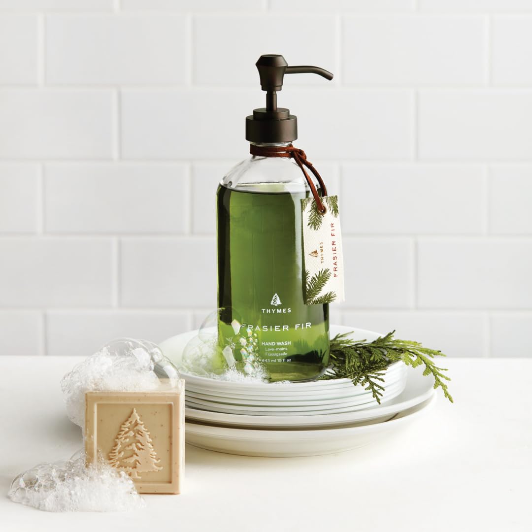Frasier Fir hand wash on bathroom counter invites warmth