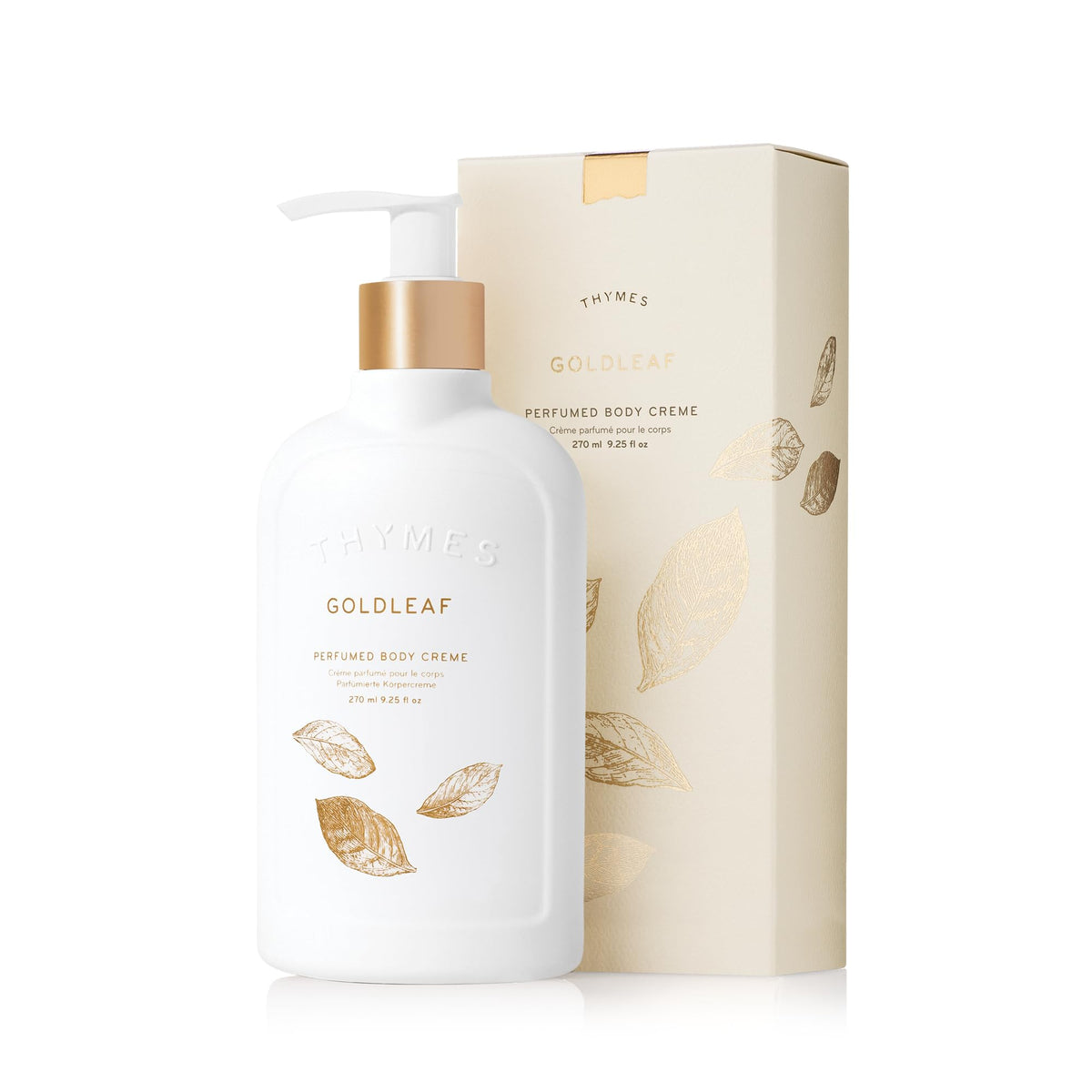 Thymes Goldleaf bottle pour highlights luxurious fragrance and skin-softening potential.