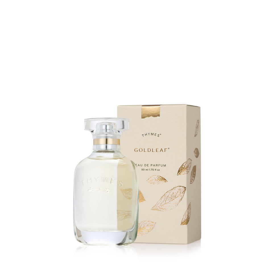 Thymes Goldleaf Eau de Parfum bottle, a luxurious floral scent for elegant evenings.