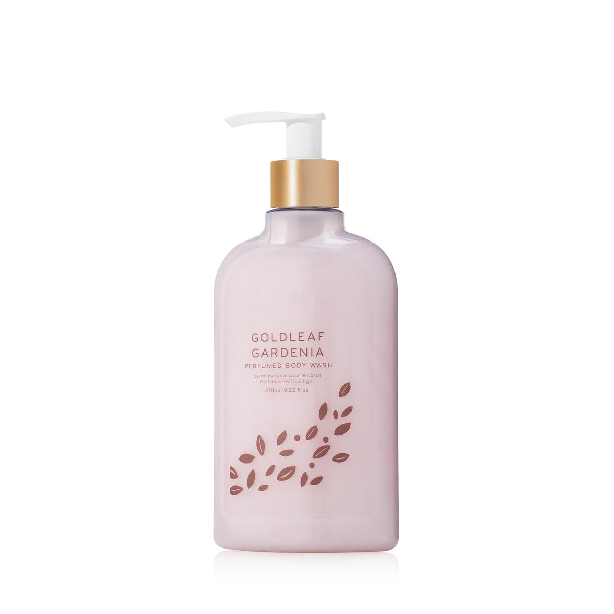 Thymes Goldleaf Gardenia bottle with pump for easy, hydrating cleansing.
