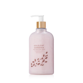 Thymes Goldleaf Gardenia bottle with pump for easy, hydrating cleansing.
