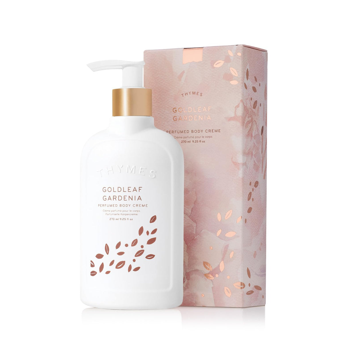 Thymes Goldleaf Gardenia bottle with long-lasting fragrance for daily pampering.