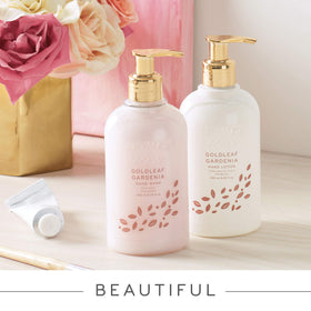 Gardenia flower detail with Goldleaf soap evokes luxury fragrance.