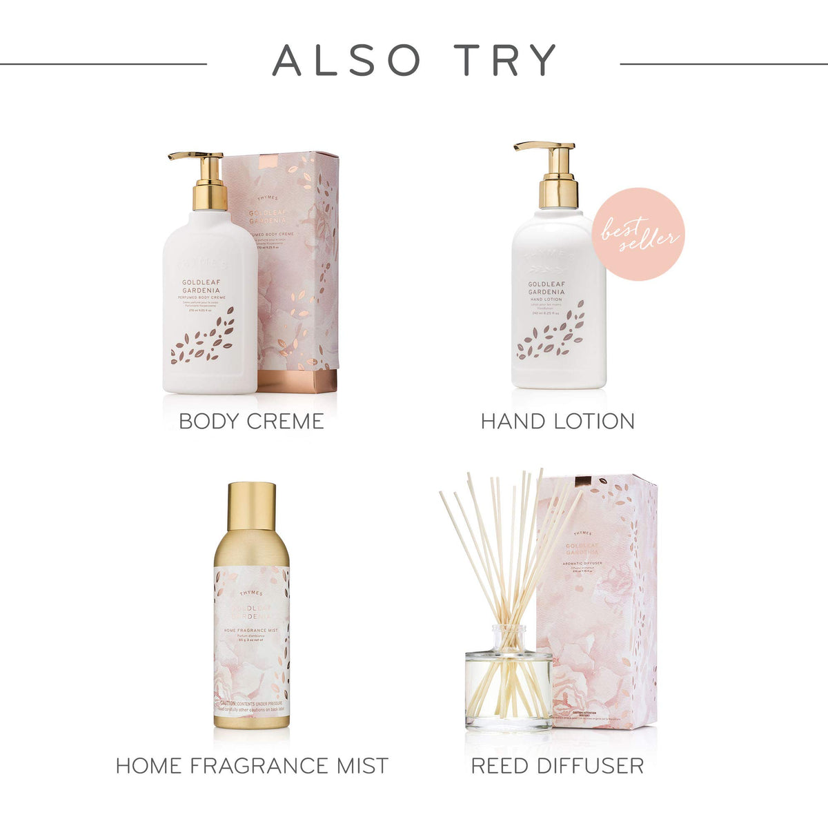 Thymes Goldleaf Gardenia fragrance notes with gardenia and jasmine.