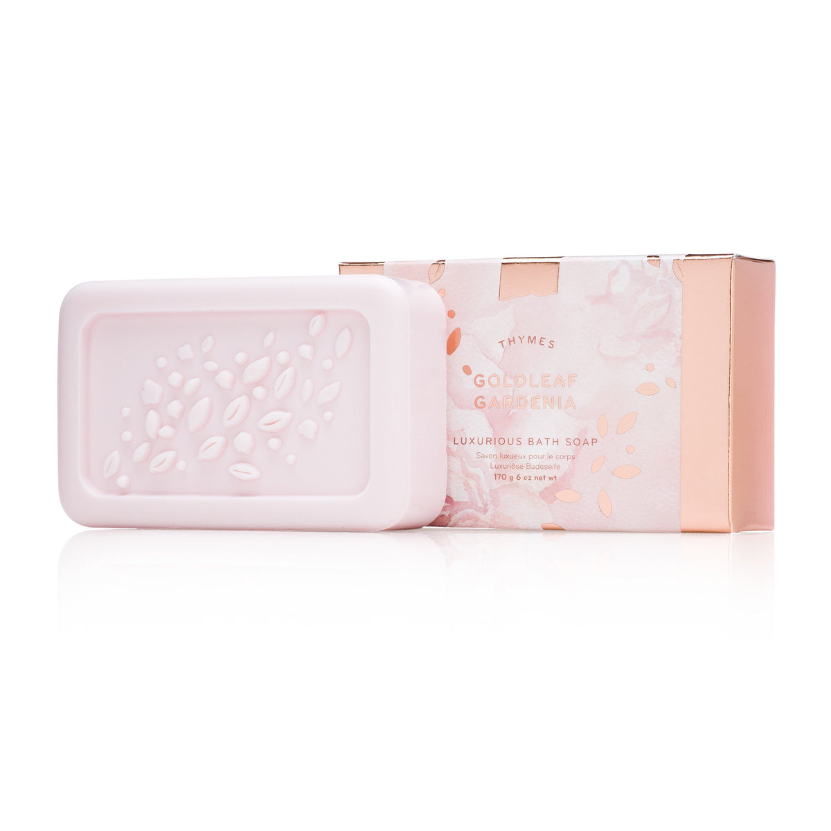 Thymes Goldleaf Gardenia soap bar close-up showing creamy moisture.