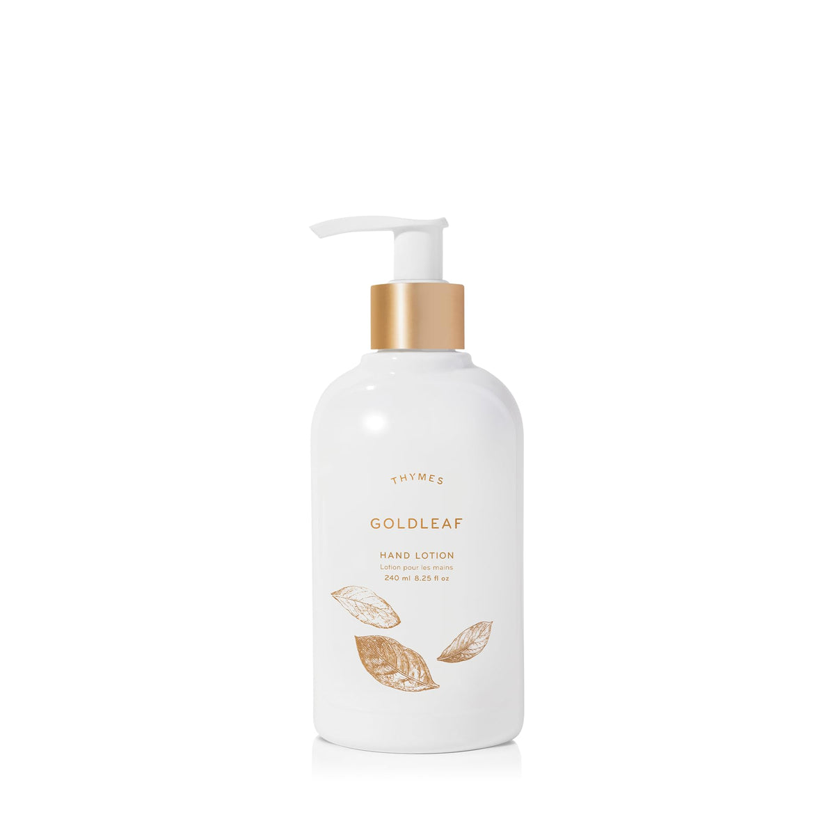 Thymes Goldleaf Hand Lotion bottle with pump delivers lasting moisture for dry hands.