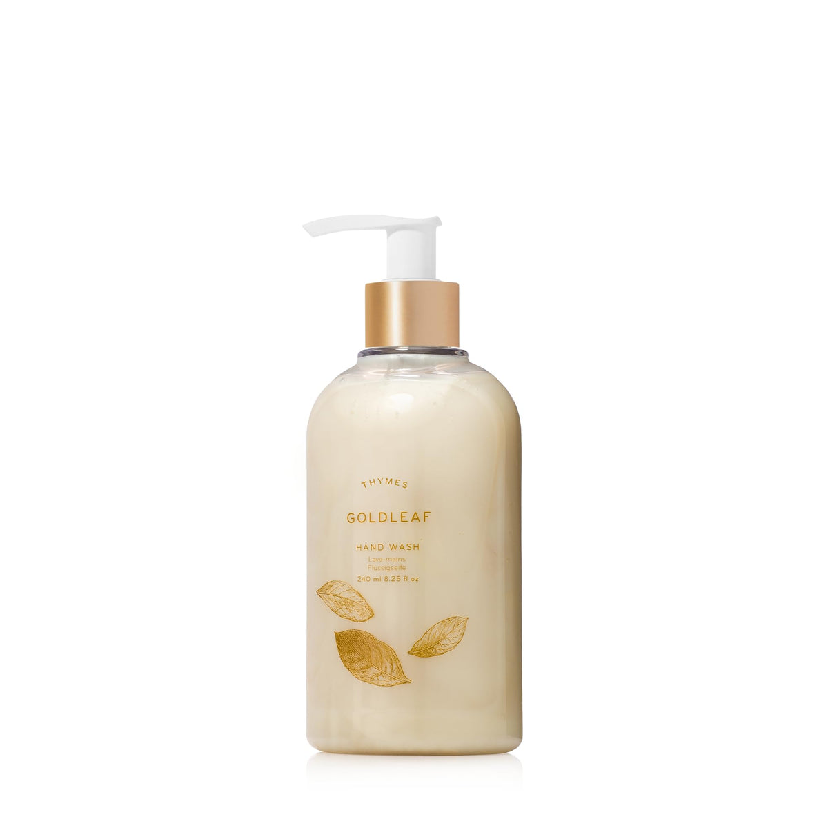 Thymes Goldleaf hand wash bottle with hydrating formula and floral scent.