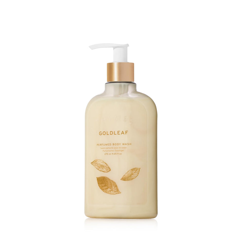 Thymes Goldleaf moisturizing body wash pump bottle delivering a hydrating cleanse for radiant skin.
