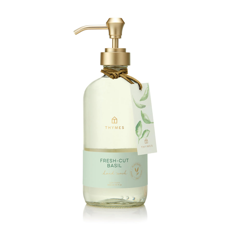 Thymes Hand Wash Fresh-Cut Basil bottle for refreshing, clean hands after cooking.