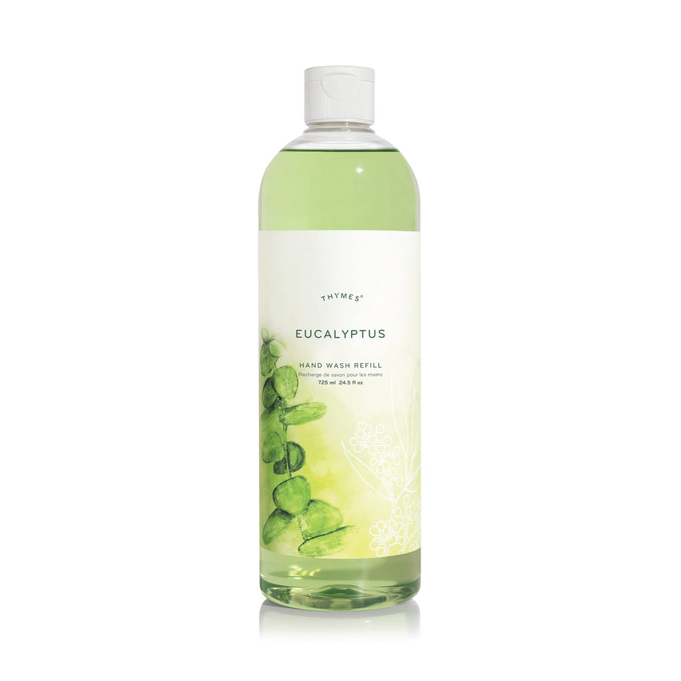 Thymes hand wash refill bottle with eucalyptus scent for refreshed hands.