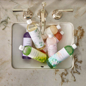 Thymes refill ingredients panel showcases plant-based, skin-friendly options.