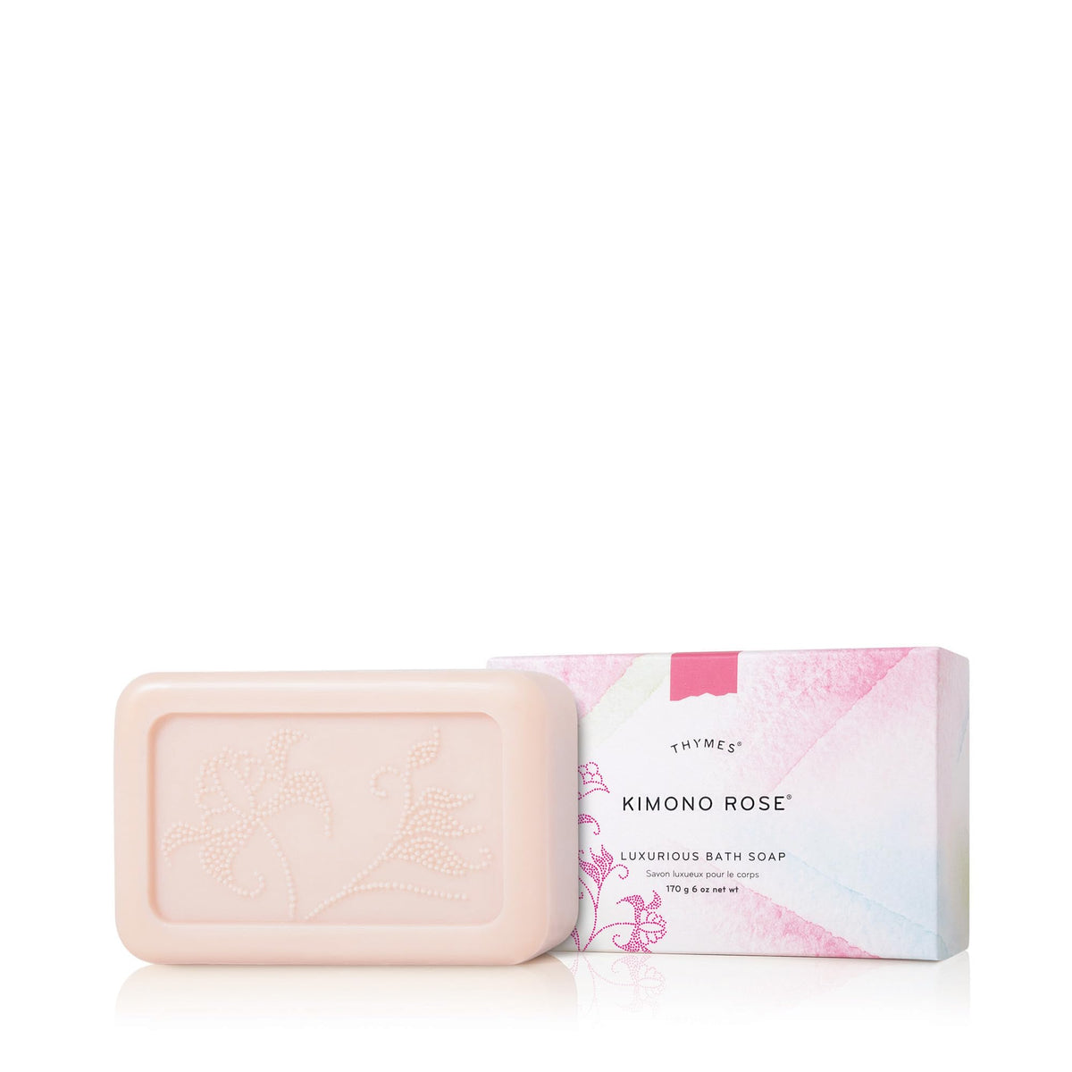 Thymes Kimono Rose bath soap bar delivering creamy hydration.