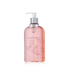 Thymes Kimono Rose body wash bottle with pump highlighting the hydrating formula