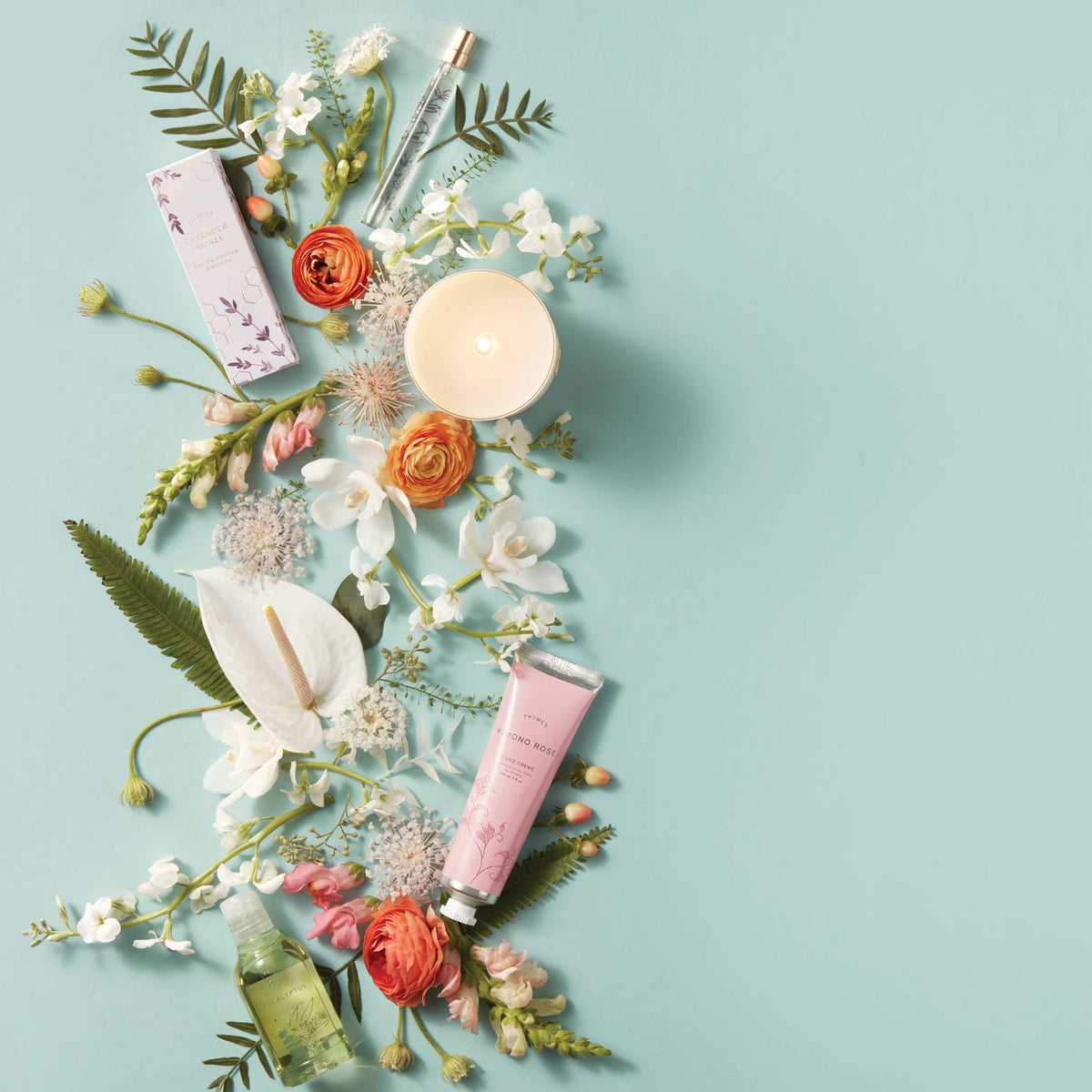 The Thymes Kimono Rose vanilla and clementine notes are emphasized.