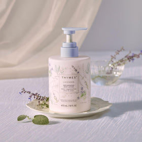 Thymes lotion texture close-up showing creamy non-greasy moisture for dry skin